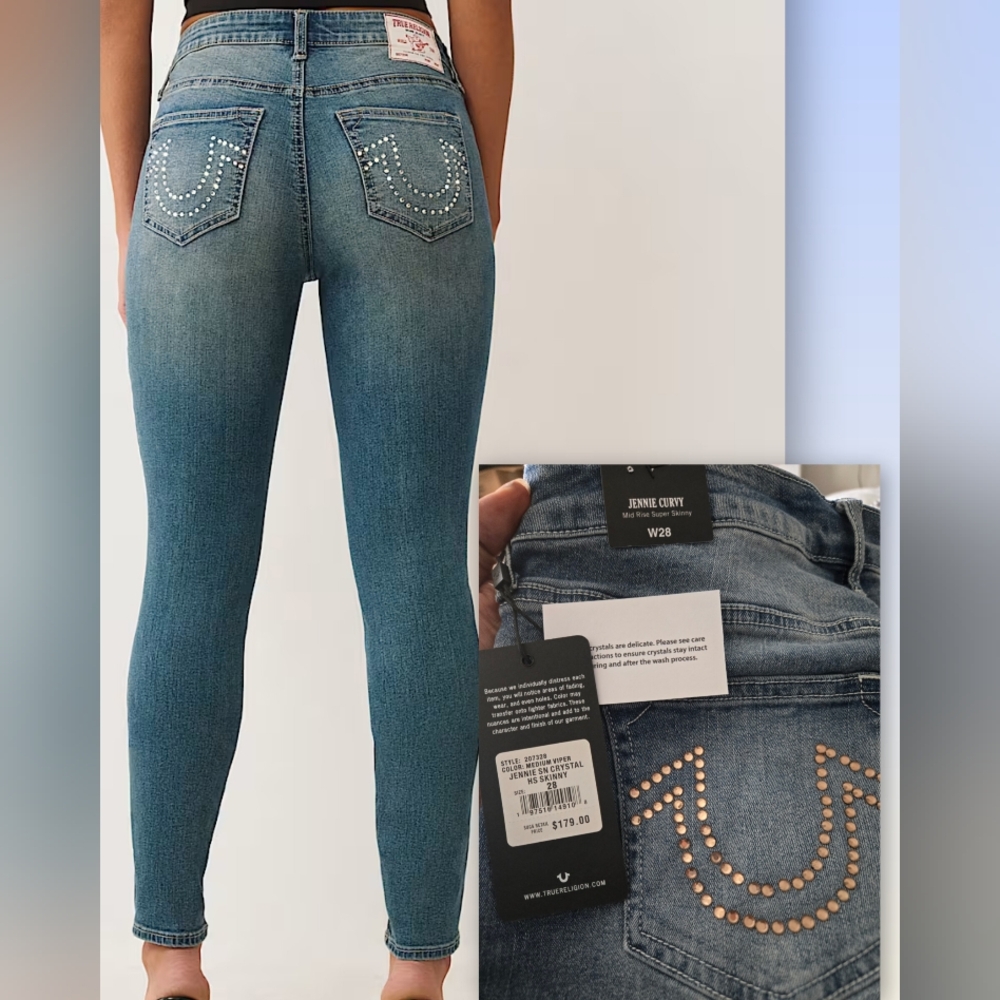 True Religion JENNIE MID RISE CRYSTAL CURVY SKINNY JEAN Size: W28 REGULAR